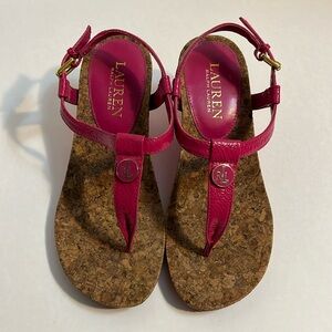 Ralph Lauren Reeta Pink T-Strap Thong Wedge Sandal Sz 5.5B